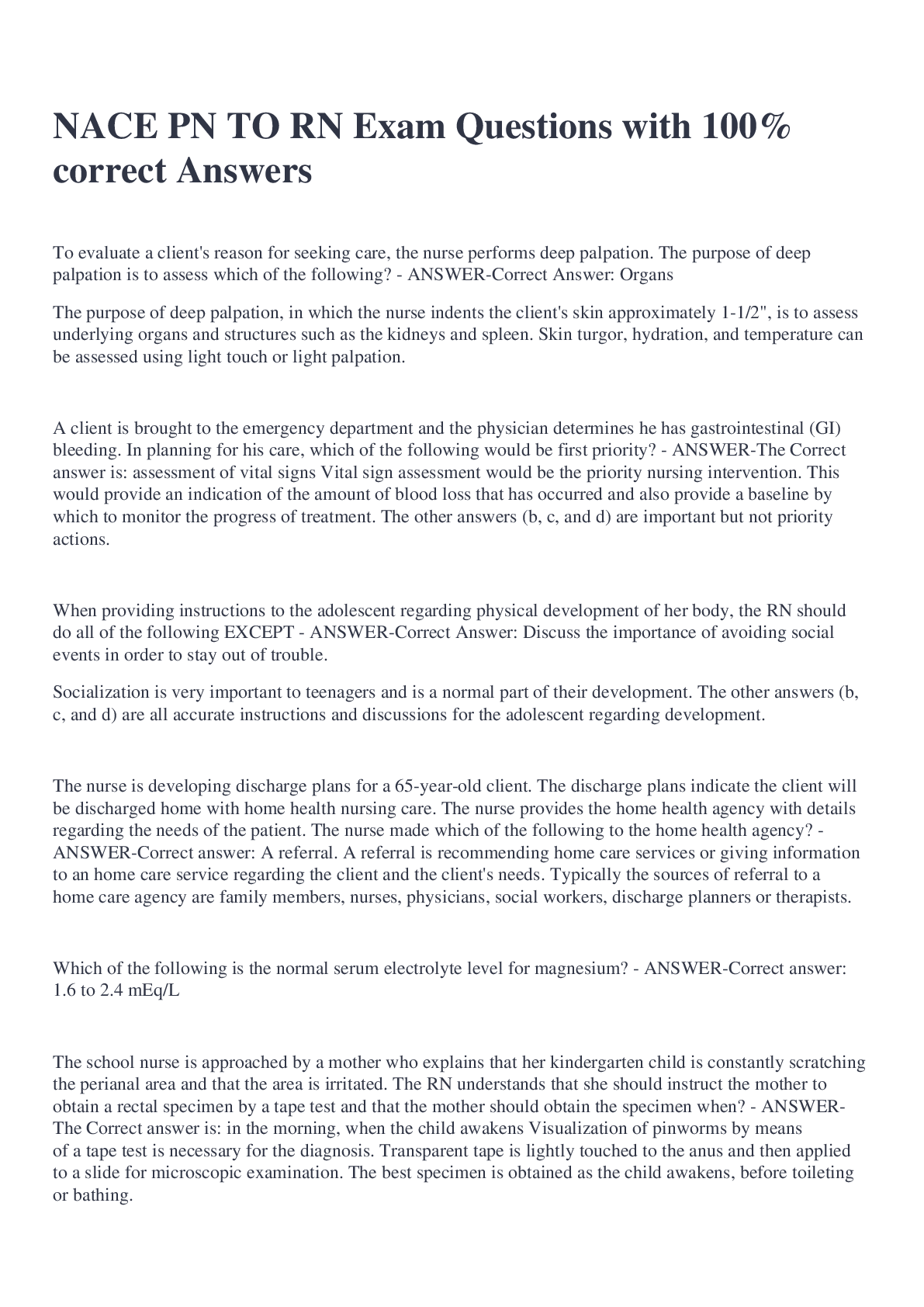 Preview image for NACE PN TO RN Exam Questions with 100% correct Answers